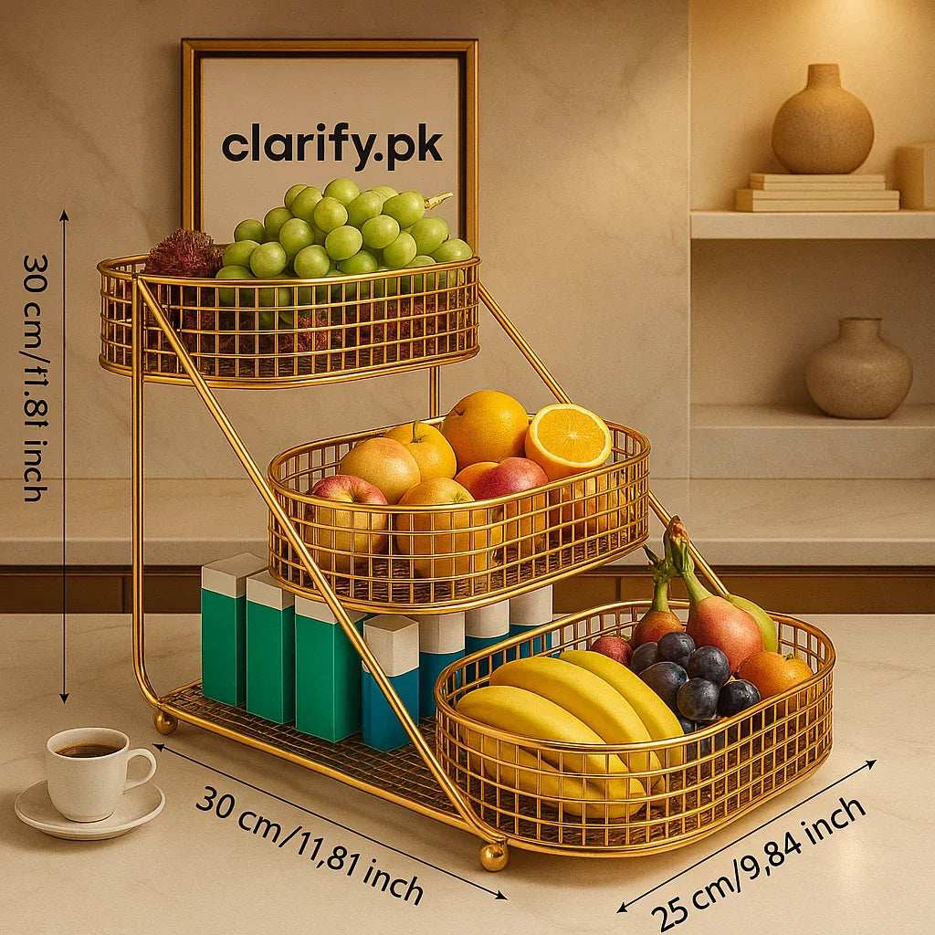 3 Layer Golden Fruit Basket – Iron Storage Rack - Clarify.pk