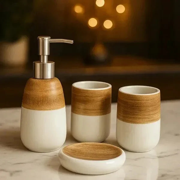 Minimalist 4-Piece Ceramic Bathroom Set with Wood Finish - Clarify.pk