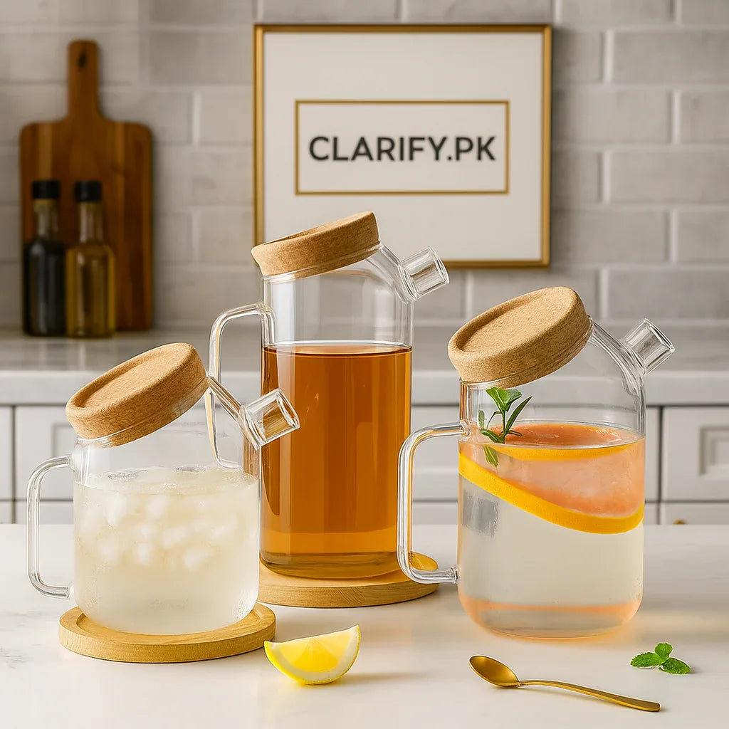 Set of 3 Glass Jugs with Wooden Lids – Elegant Drink Pitcher Set - Clarify.pk