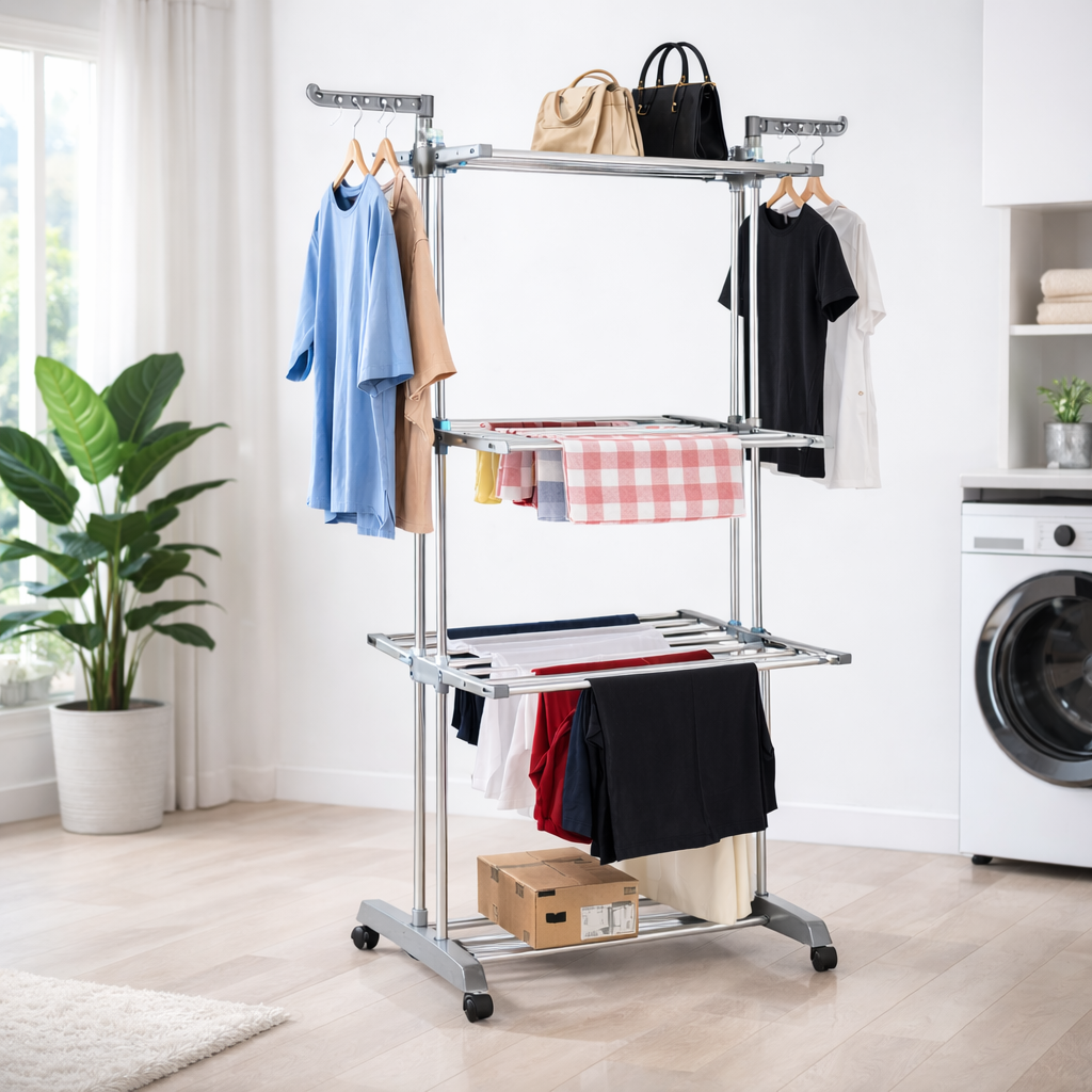 ملٹی فنکشنل پورٹ ایبل ڈرائینگ ریک اور کپڑوں کا ہینگر اسٹینڈ