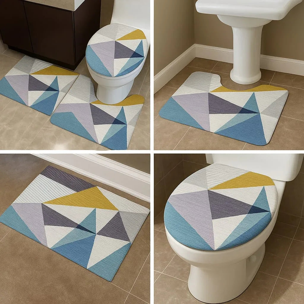 3-Piece Bathroom Mat Set – Geometric Print Absorbent Non-Slip Rugs with Toilet Lid Cover - Clarify.pk