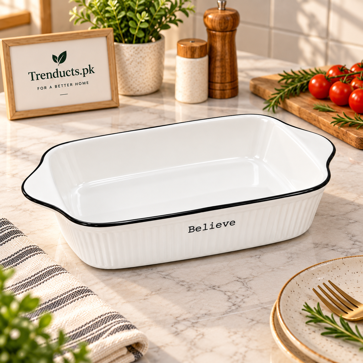 Believe Rectangular Ceramic Baking Dish with Handles