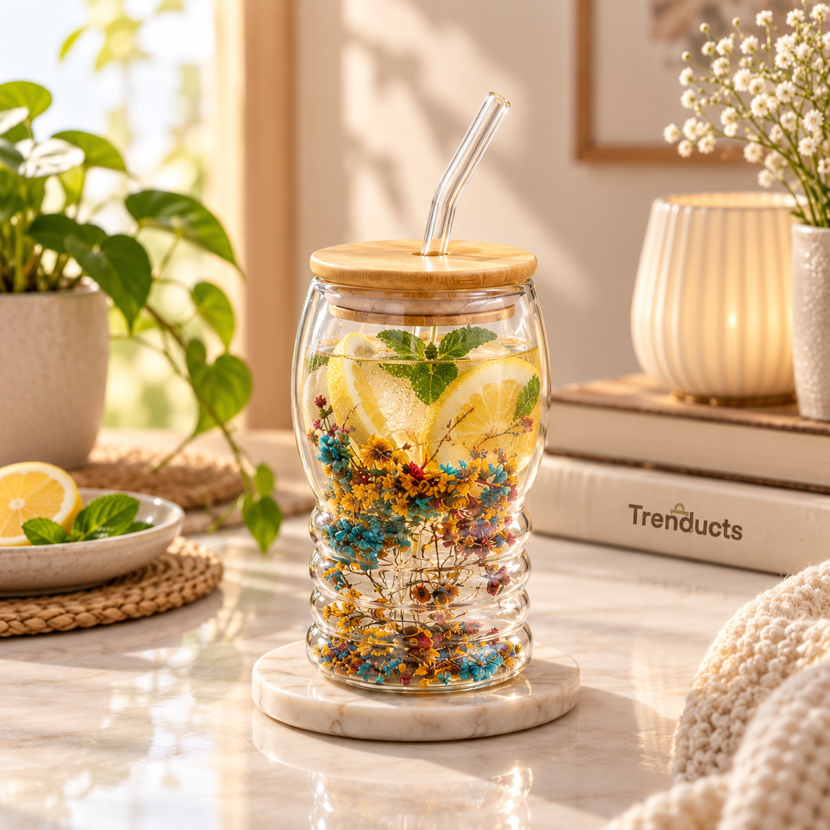 Botanical Double Wall Glass Sipper with Straw