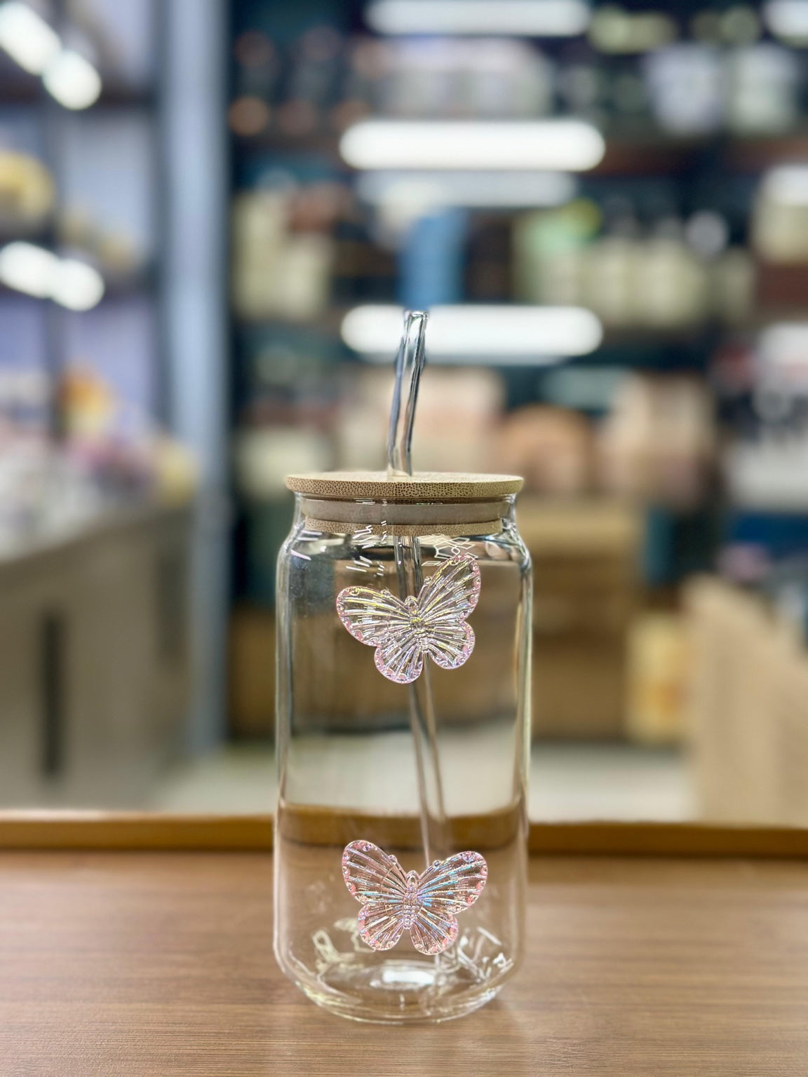 Butterfly Iced Tea Glass with Lid & Straw