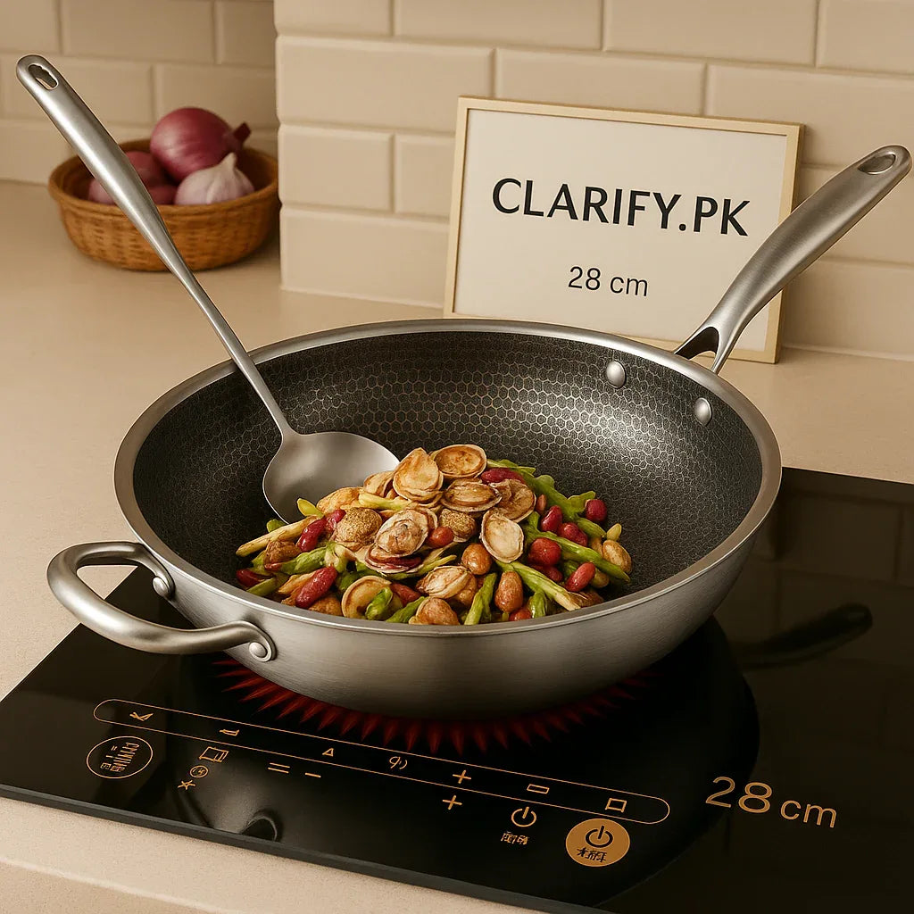 Stainless Steel Wok Pan – Non-Stick Honeycomb Design with Handle - Clarify.pk