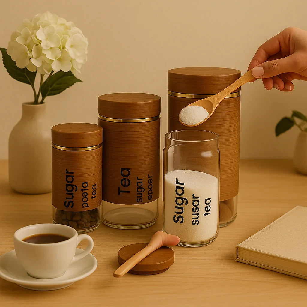 3-Piece Glass Storage Jar Set – Wooden Lid Coffee, Tea & Sugar Containers - Clarify.pk