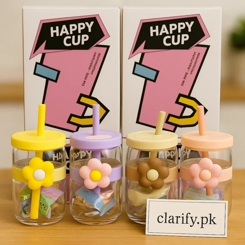 Happy Cup Glass with Flower Lid & Straw – Cute Transparent Drinking Tumbler - Clarify.pk