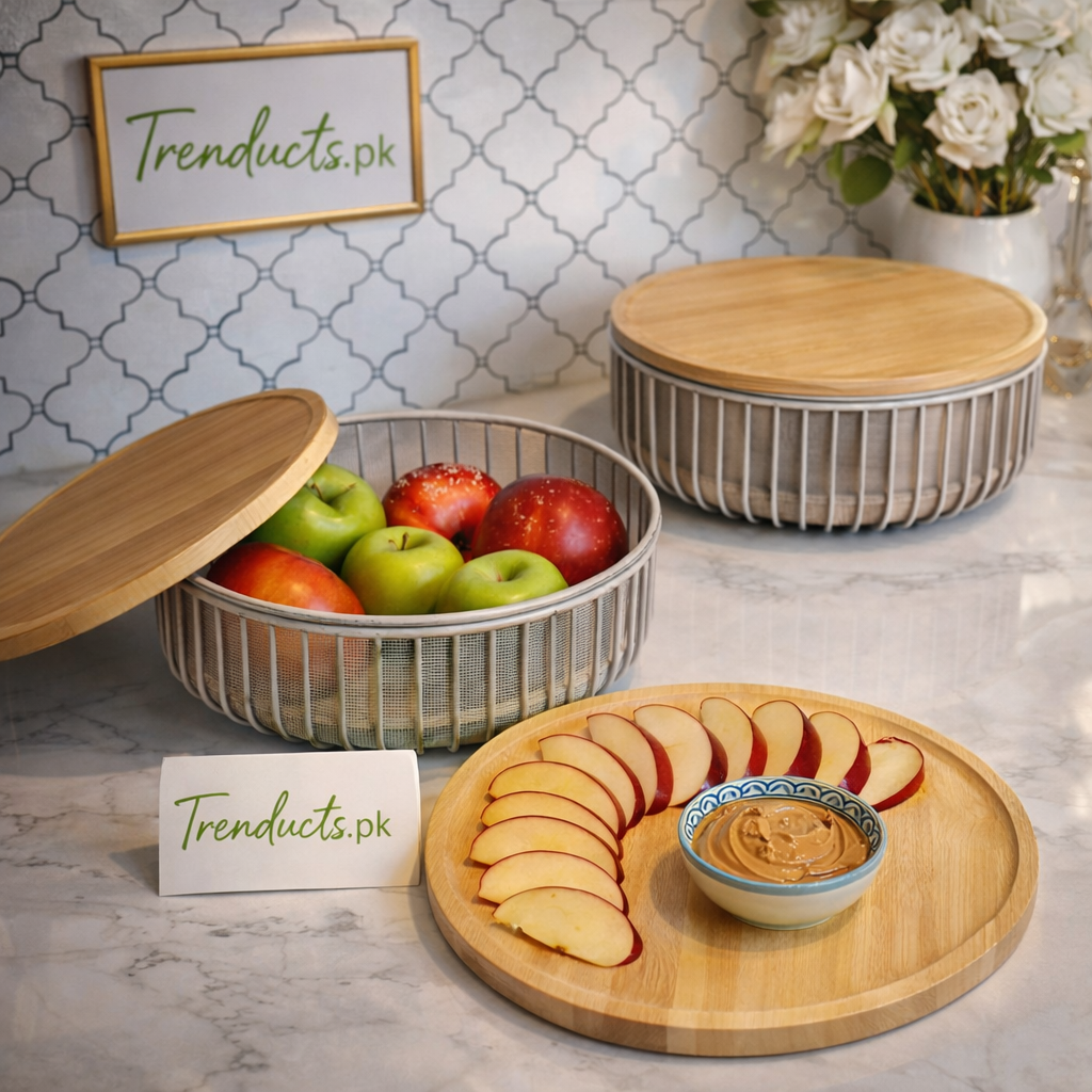 Premium Mesh Fruit Basket with Natural Wooden Lid