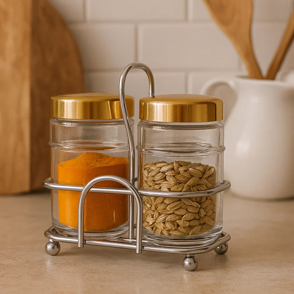Glass Spice Jar Set with Golden Lids & Rack – Elegant Kitchen Storage - Clarify.pk