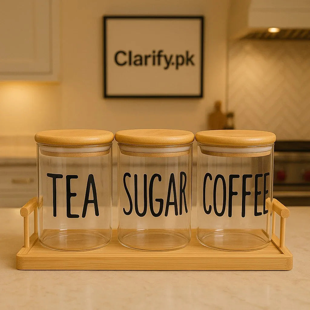 Kitchen Glass Jar Set with Wooden Tray – 3 Pcs - Clarify.pk