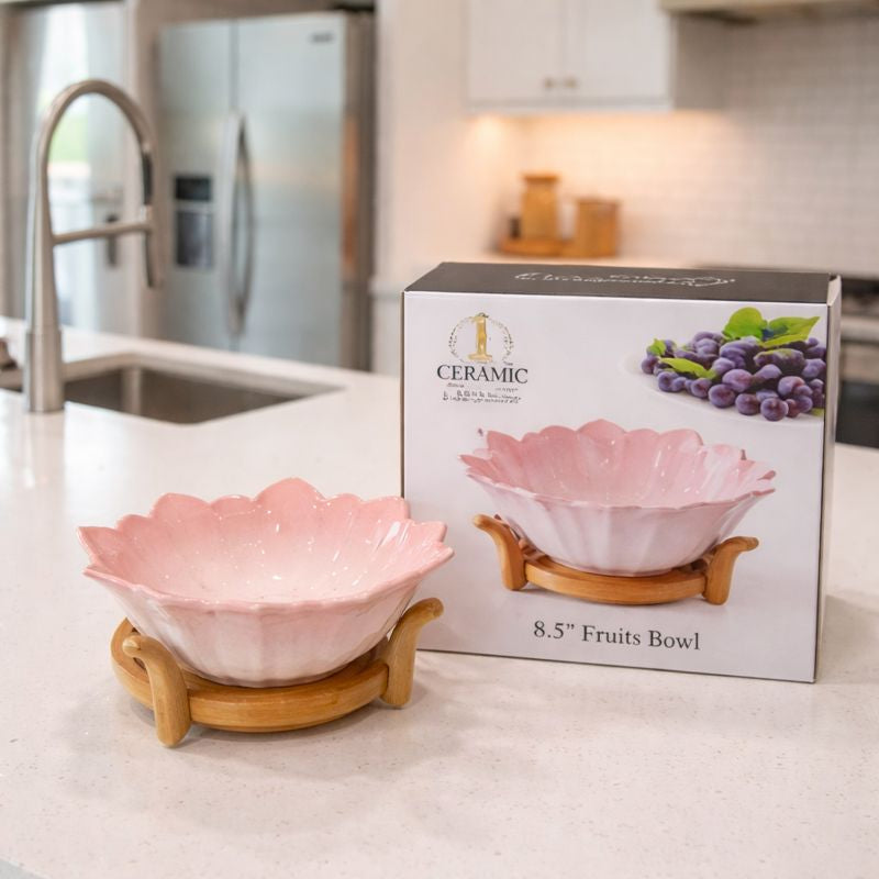 Ceramic Cleianis 8.5" Scalloped Petal Serving Bowl – With Elevated Wood Base - Trenducts.pk