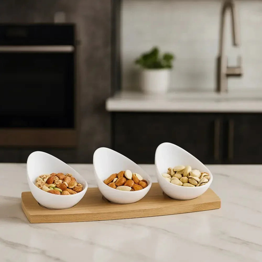 Ceramic Snack Bowl Set with Wooden Tray - Clarify.pk