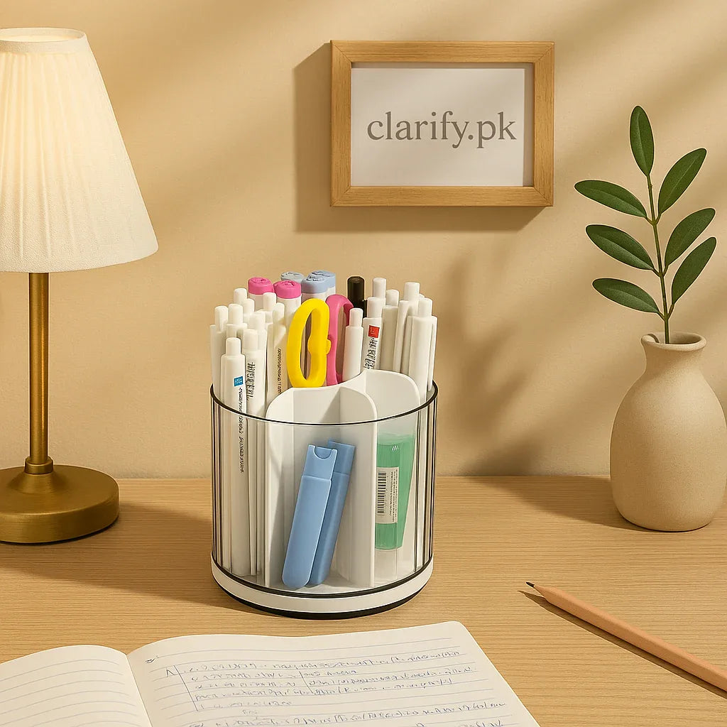 360° Rotating Desk Organizer – Multi-Section Pen & Stationery Holder - Clarify.pk