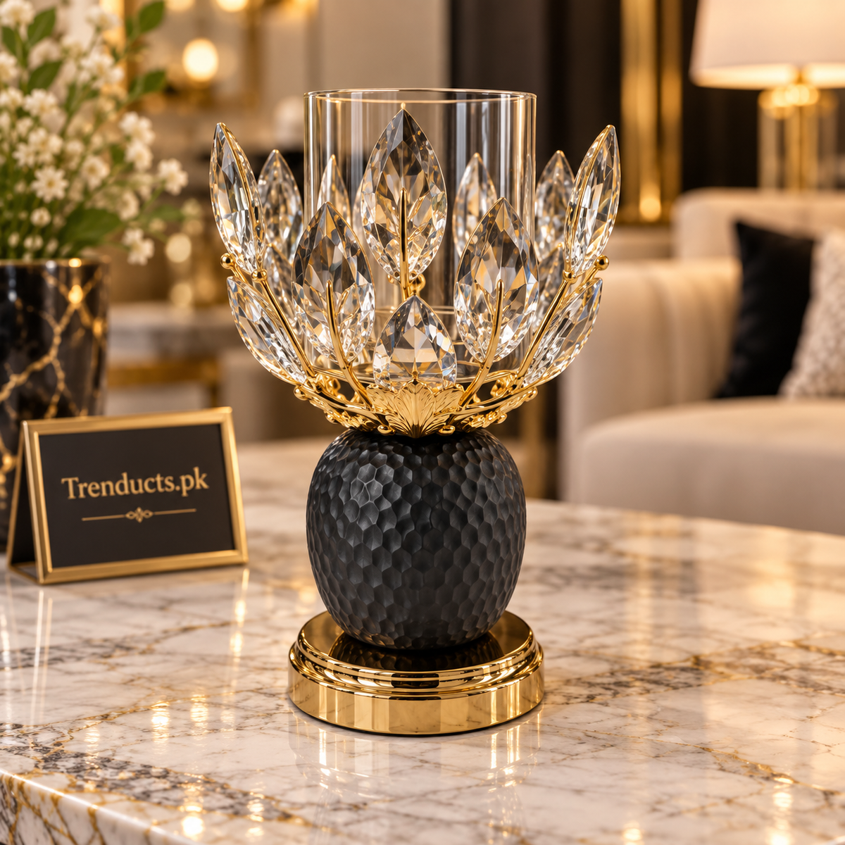 Crystal Leaf Candle Holder – Black Textured Base