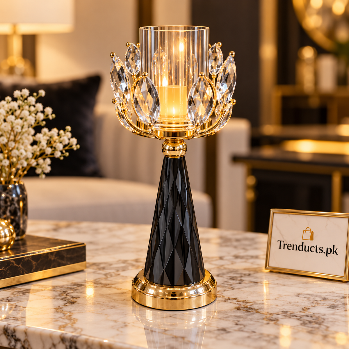Crystal Leaf Candle Holder – Tall Black Fluted Base