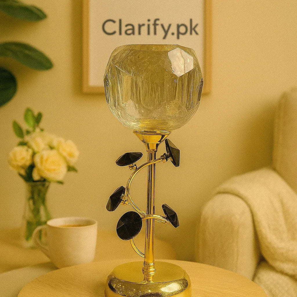 Crystal Leaf Goblet Candle Holder – Decorative Golden Stand for Living Room - Clarify.pk