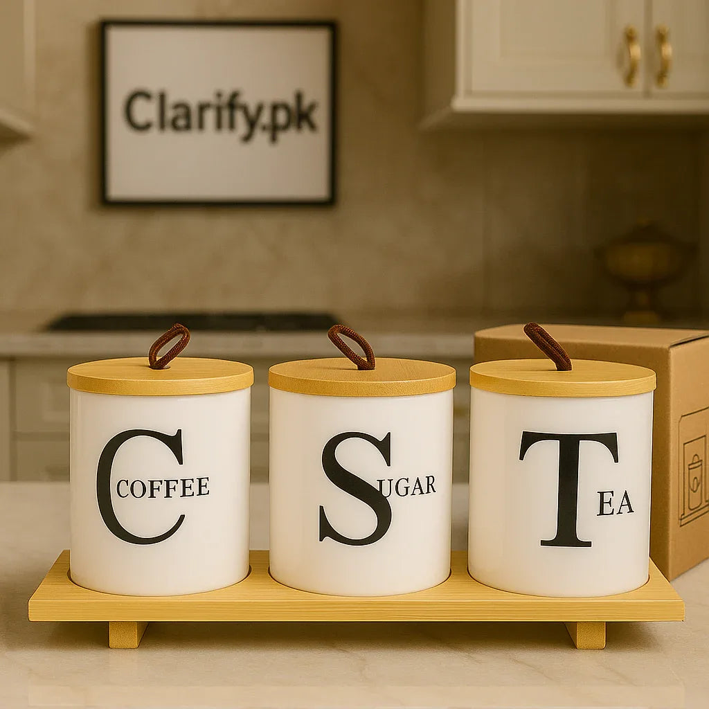 Luxury Ceramic Jar Set – Tea, Coffee & Sugar Jars with Wooden Base - Clarify.pk