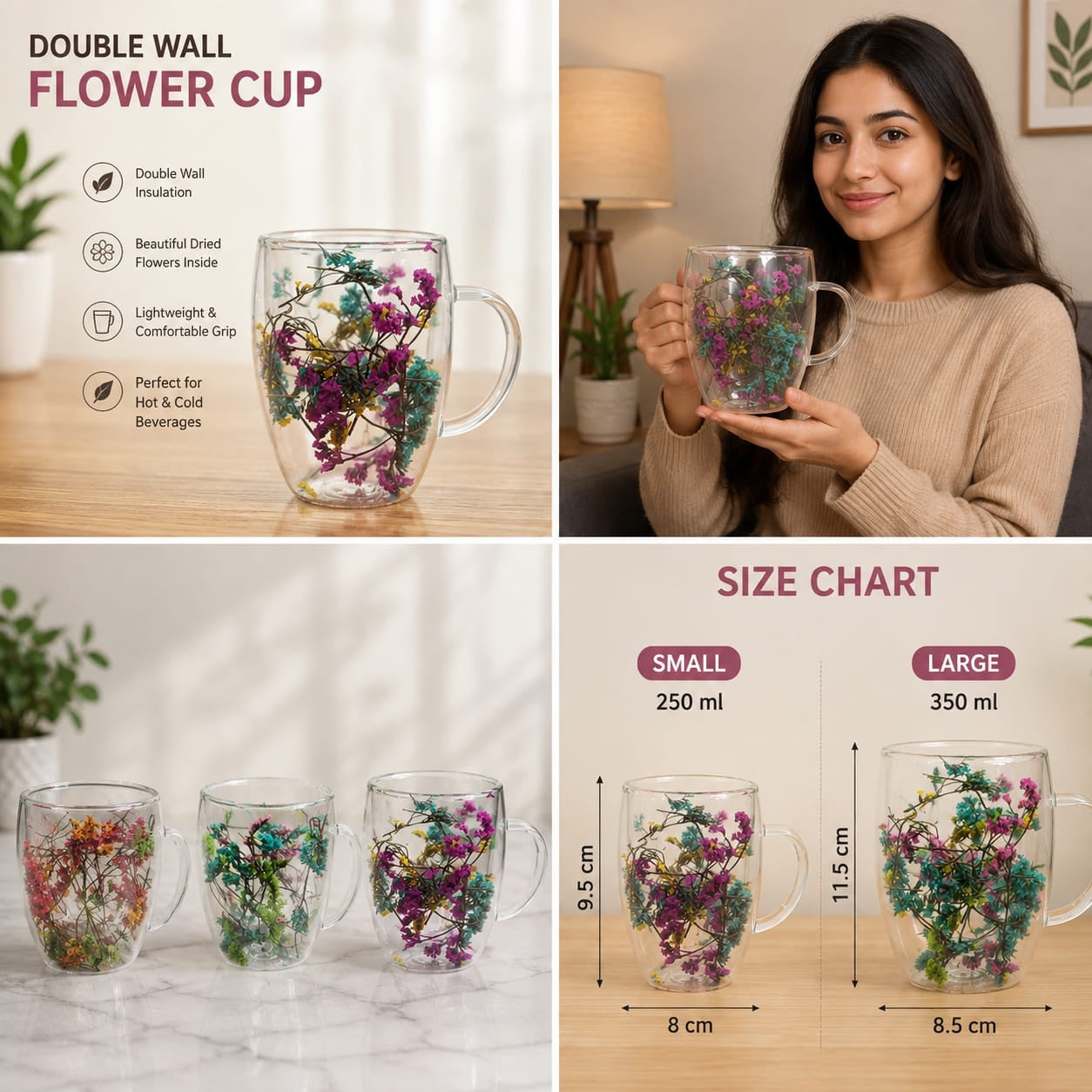 Double-Wall Curved Floral Glass Cup