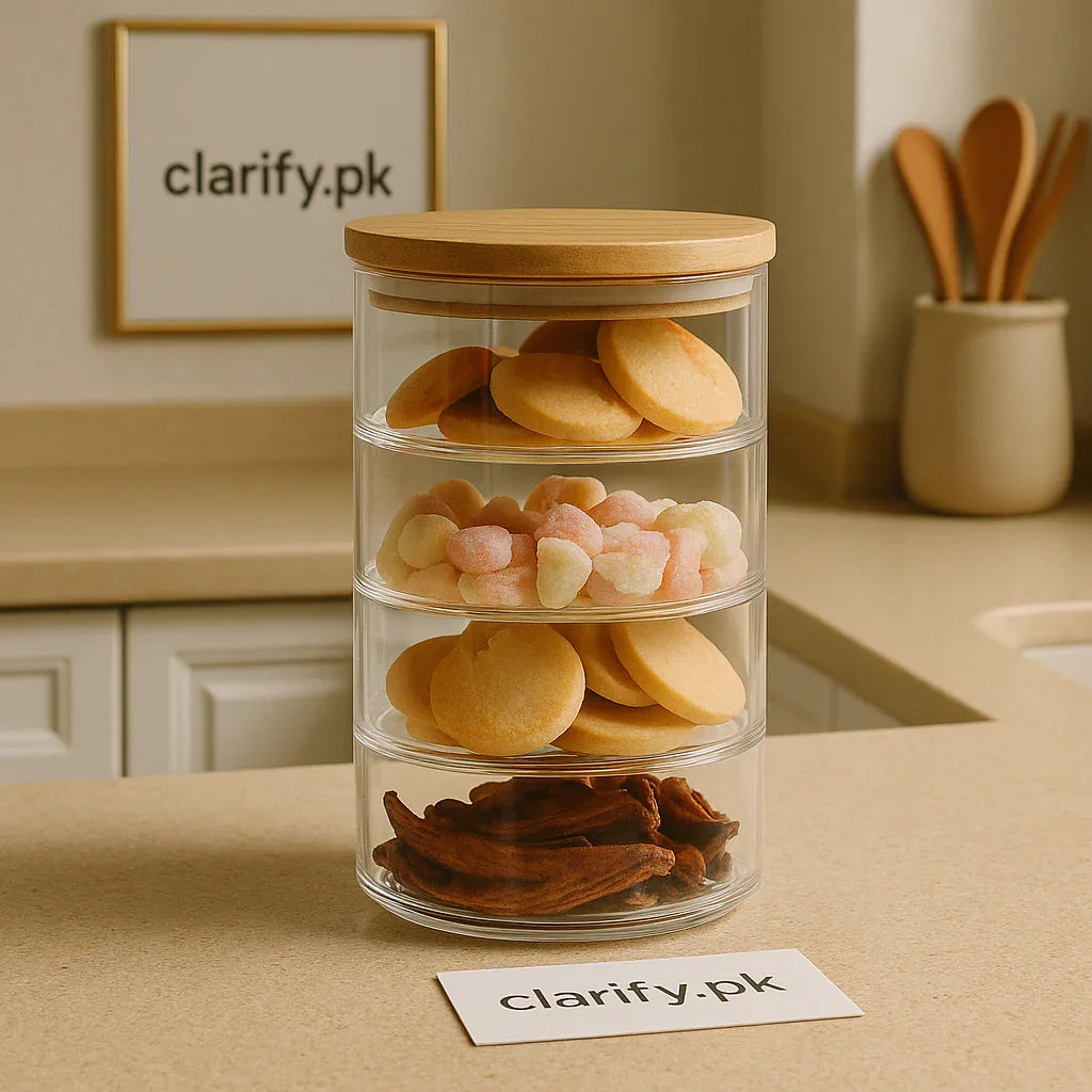 3-Tier Glass Storage Jar with Wooden Lid for Kitchen - Clarify.pk