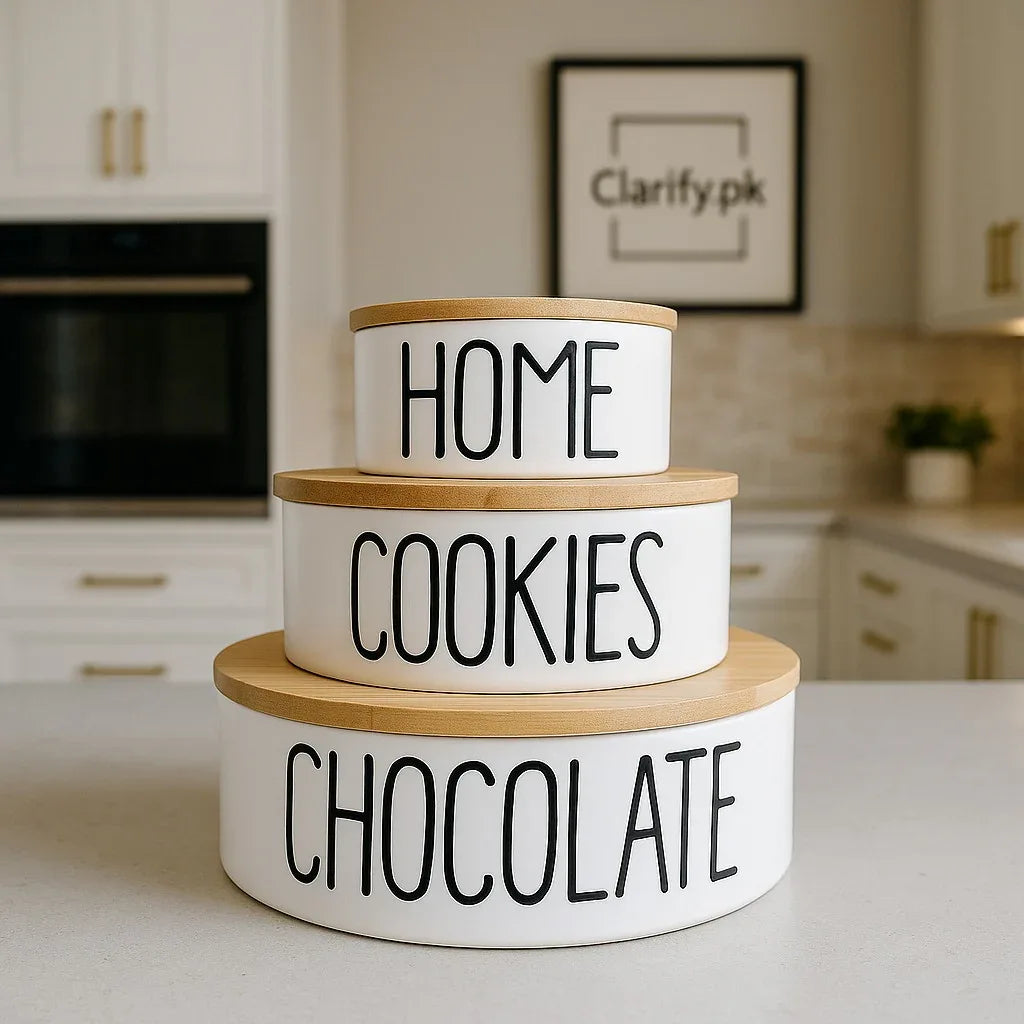 لکڑی کے ڈھکنوں کے ساتھ پریمیم سیرامک جار سیٹ - جدید کچن اسٹوریج