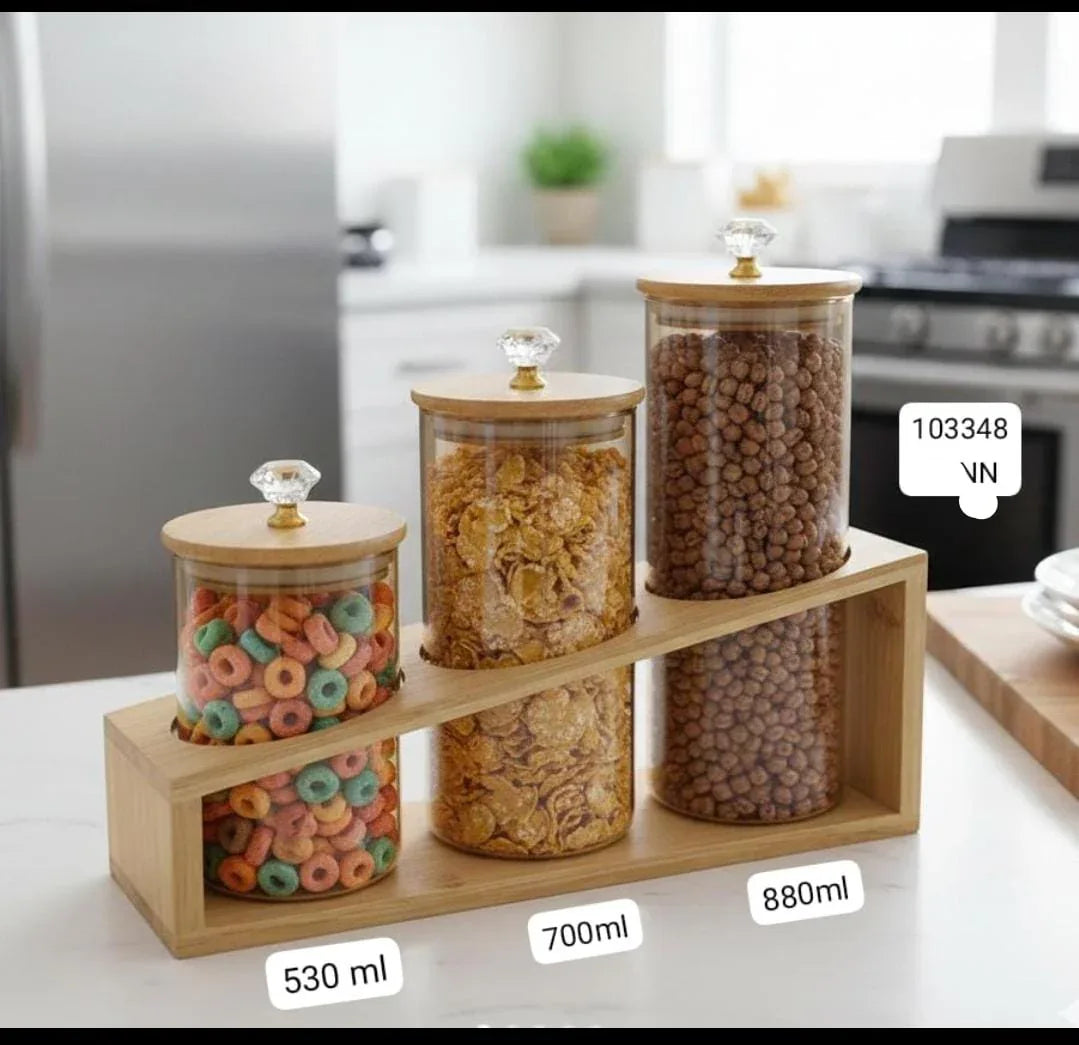 Premium Glass Storage Jar Set with Wooden Stand – Luxury Kitchen Organizer - Clarify.pk