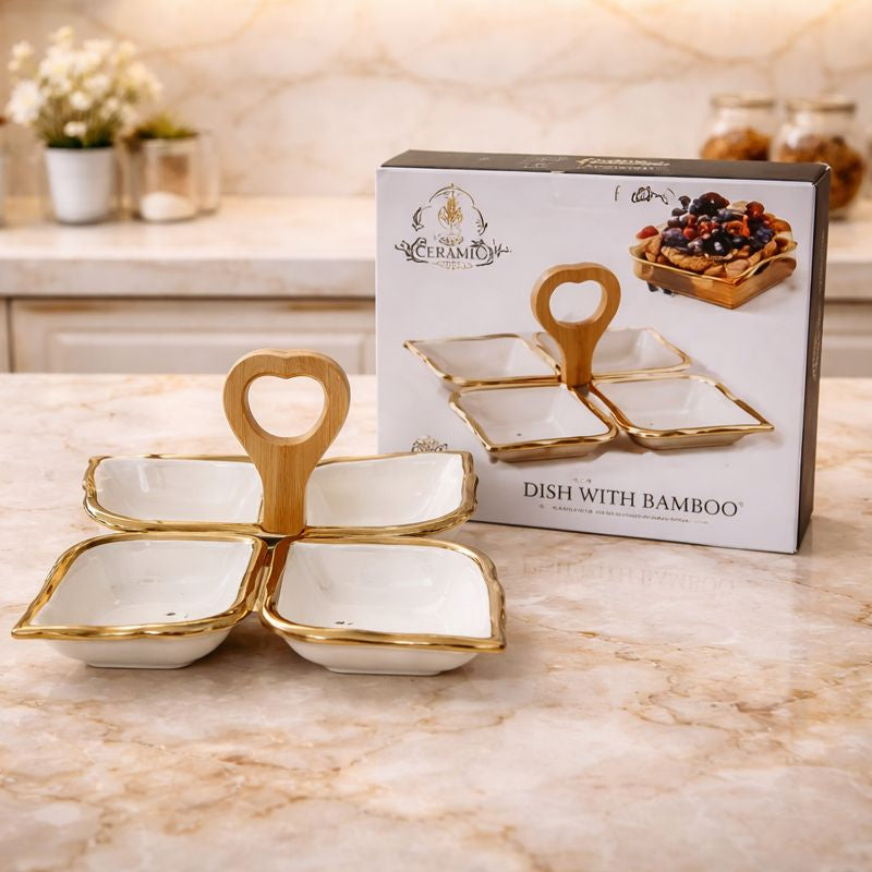 4-Compartment Gold-Trimmed Ceramic Serving Dish – Luxury Snack Platter with Heart-Shaped - Trenducts.pk
