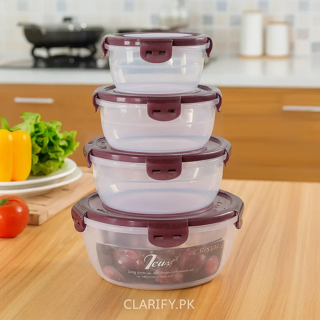 4pcs Round Airtight Storage Containers – Premium Plastic with 4-Sided Locks