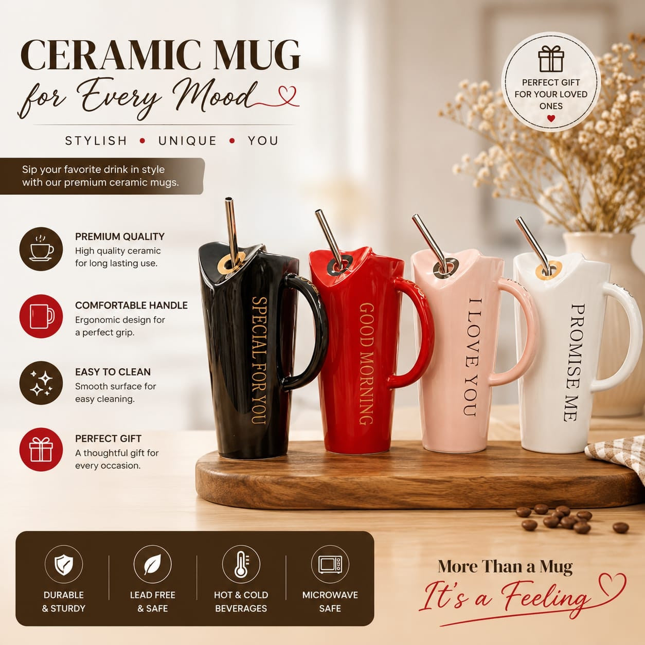 Heart Rim Ceramic Phrase Mug with Straw (each)