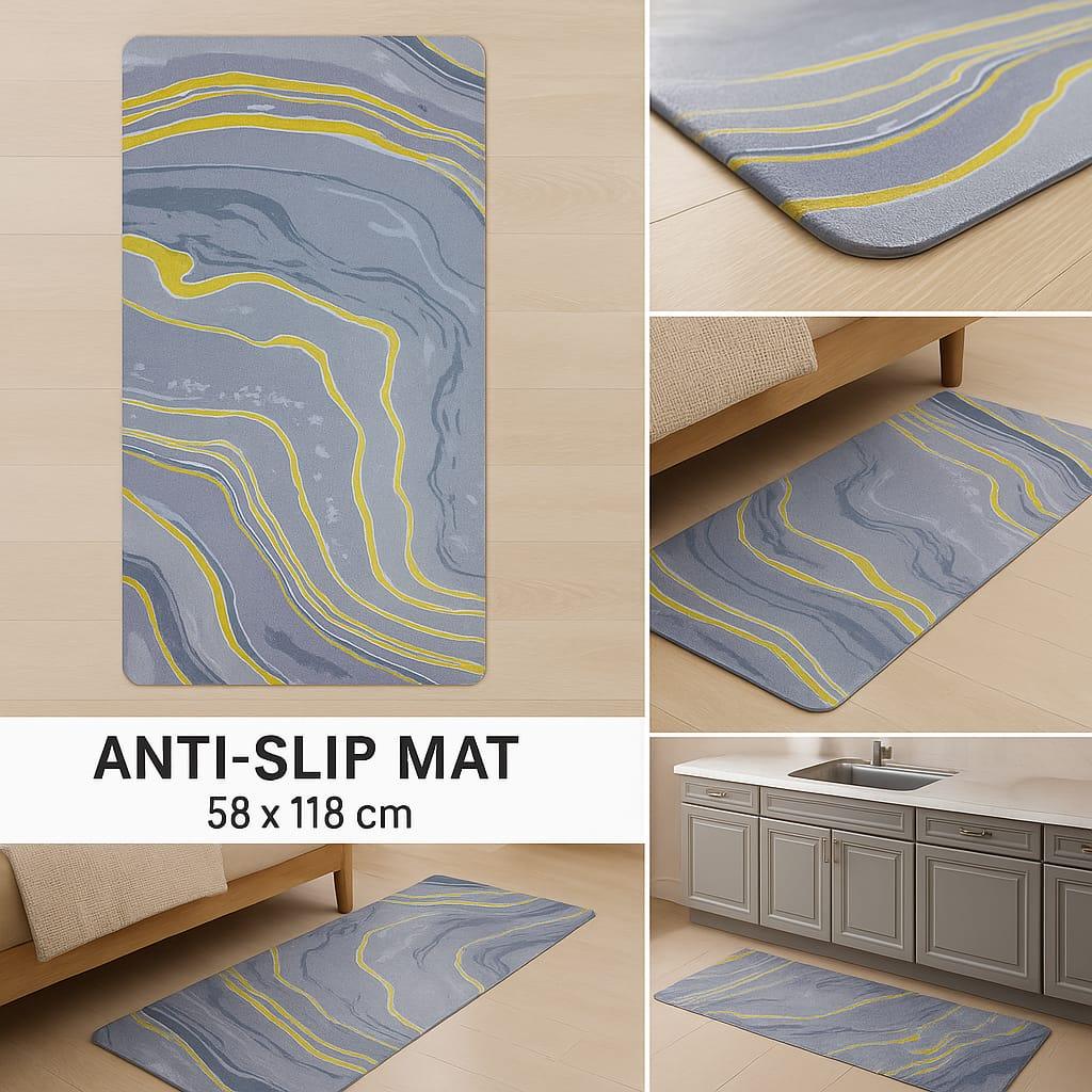 Anti-Slip Rubber Mat – Grey & Yellow Wave Print Floor Rug (58 x 118 cm) - Clarify.pk