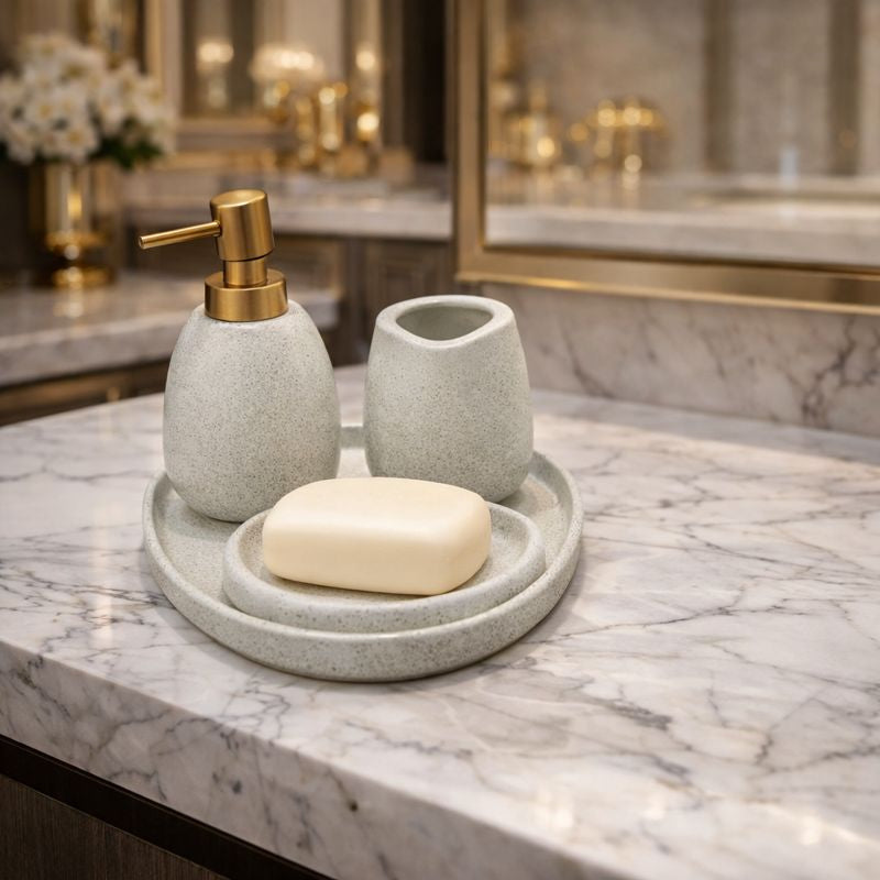 Luxury 4-Piece Stone-Textured Ceramic Bathroom Set – Modern Minimalist Set with Gold Pump - Trenducts.pk