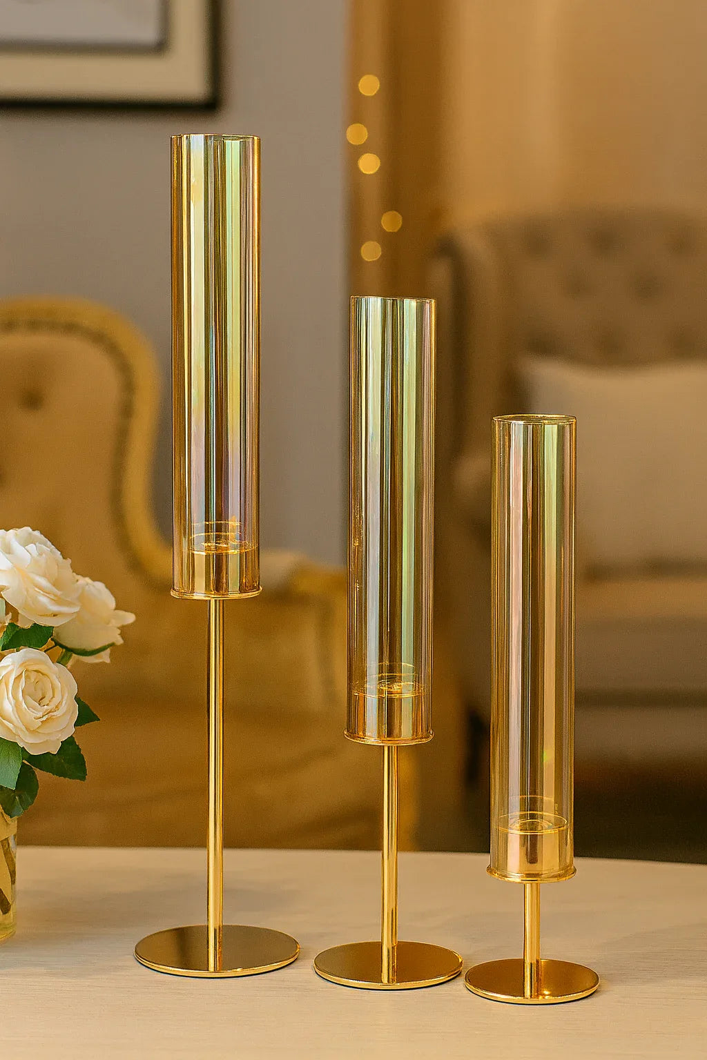 3Pcs Glass Candle Stand Set – Elegant Home Décor Collection (BIG) - Clarify.pk