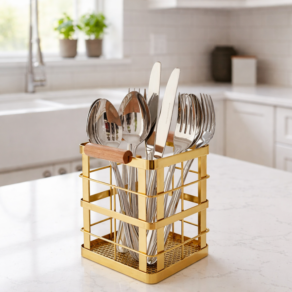 Artisan Gold Cutlery Holder – Luxury Wood & Metal Organizer JS