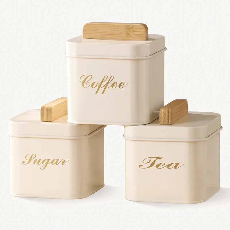 Luxury 3-Piece Square Metal Canister Set – Minimalist White & Bamboo MJ