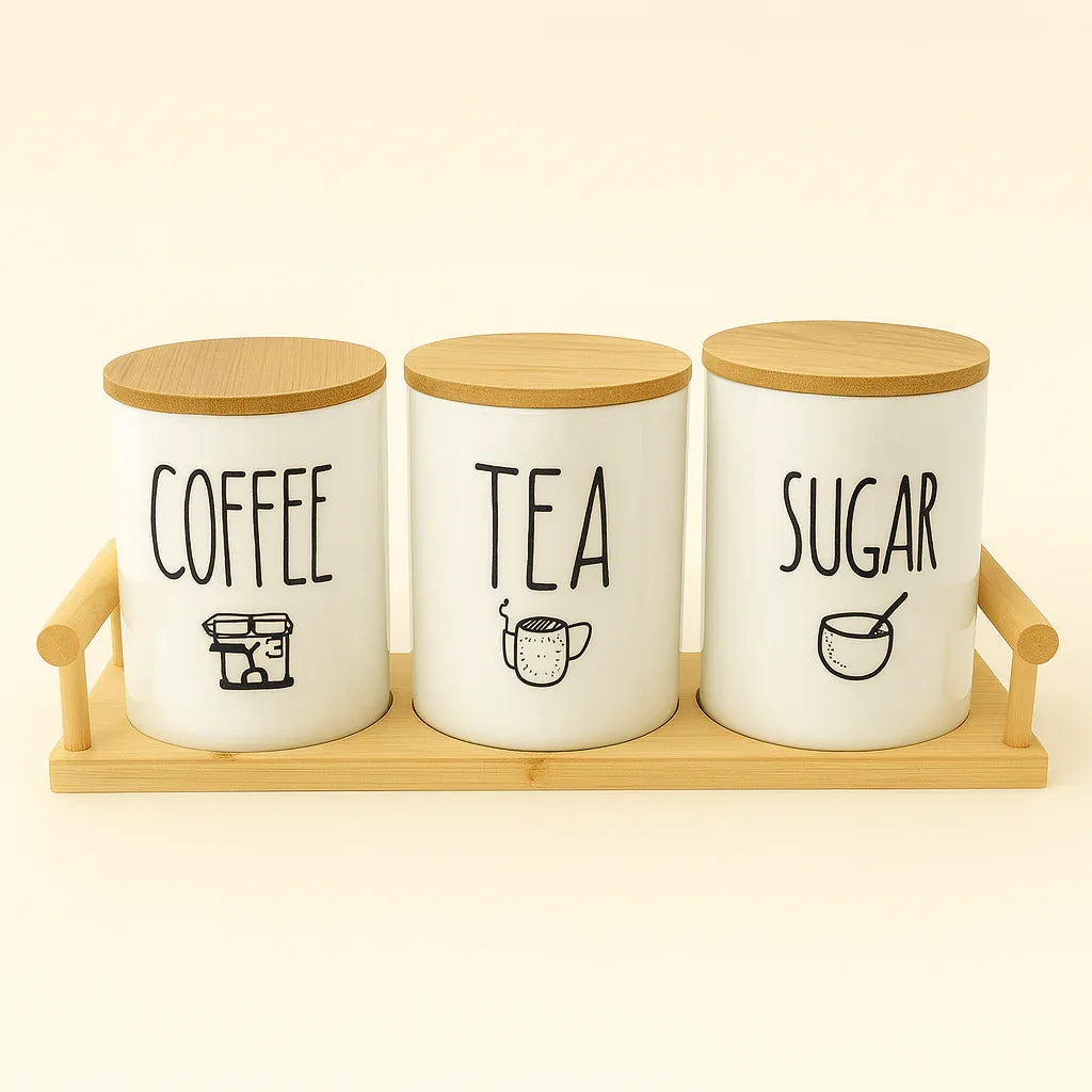 Minimal Ceramic Coffee Tea Sugar Storage Set with Bamboo Base - Clarify.pk