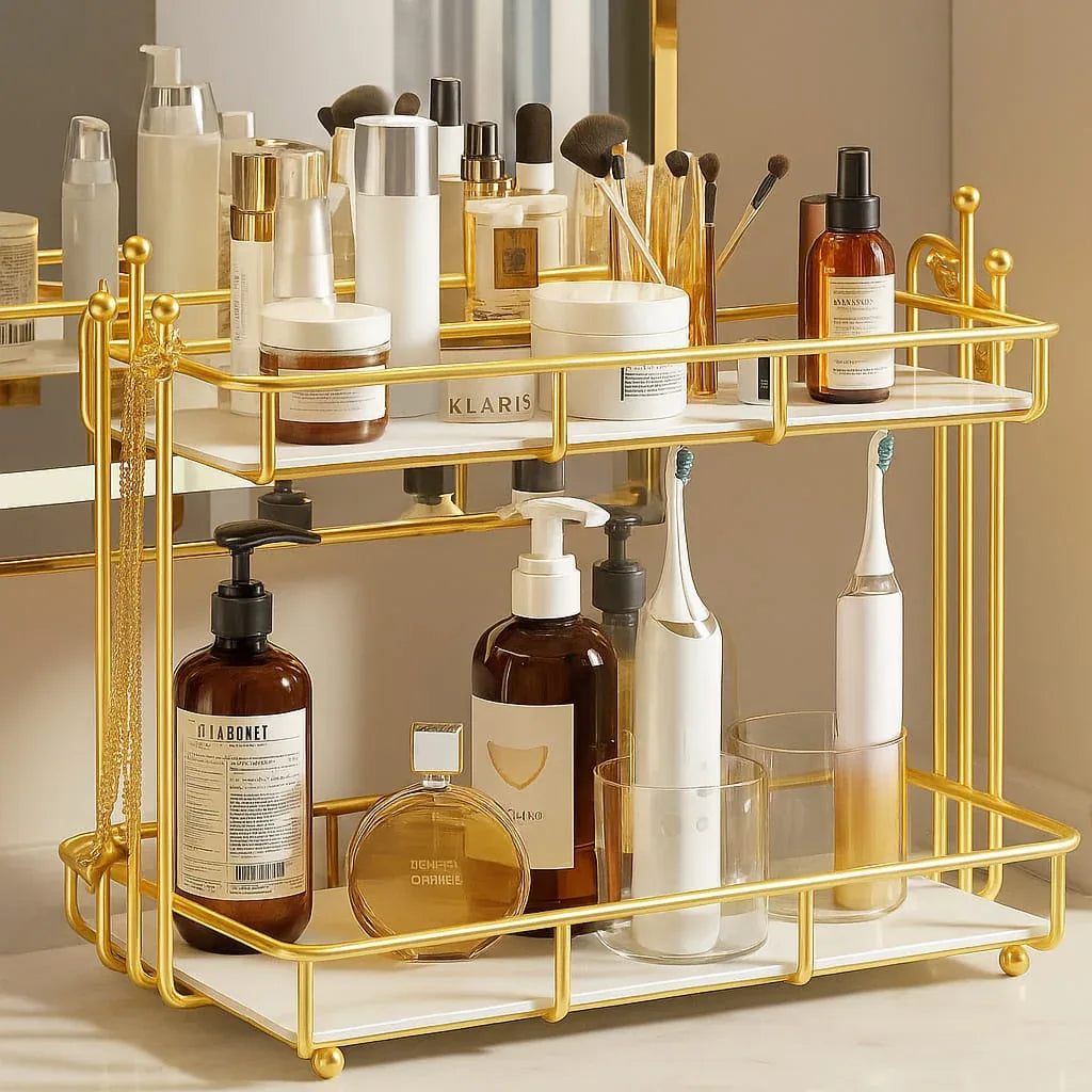 Gold Bathroom Vanity 2 Layer Organizer - Stylish & Durable - Clarify.pk