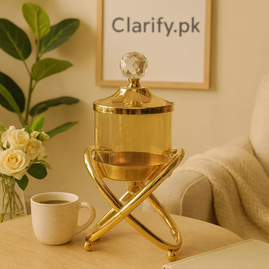 Golden Crystal Jar with Stand – Elegant Home & Tabletop Decor - Clarify.pk
