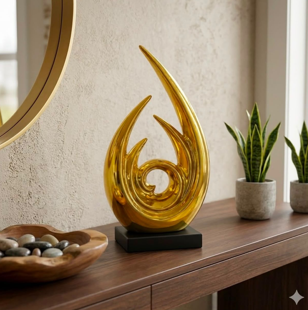 Gold Flame Spiral Sculpture with Black Base