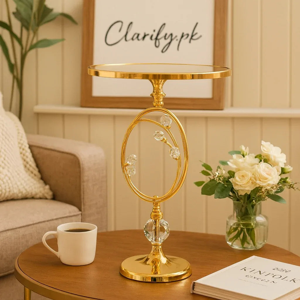 Gold Metallic Display Stand with Crystal Decor - Clarify.pk
