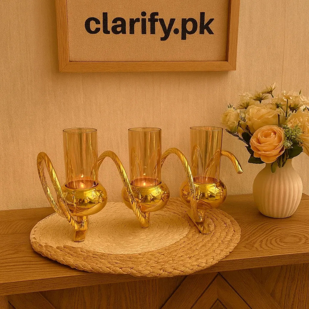 Elegant Triple Glass Candle Holder – Luxury Gold Finish - Clarify.pk