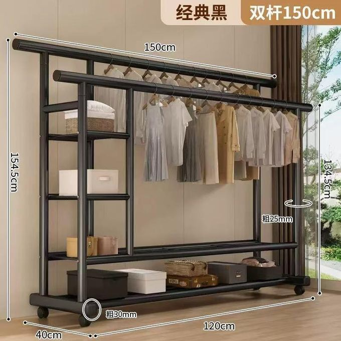 Heavy-Duty Double-Rod Clothes Rack with Storage Shelves & Wheels