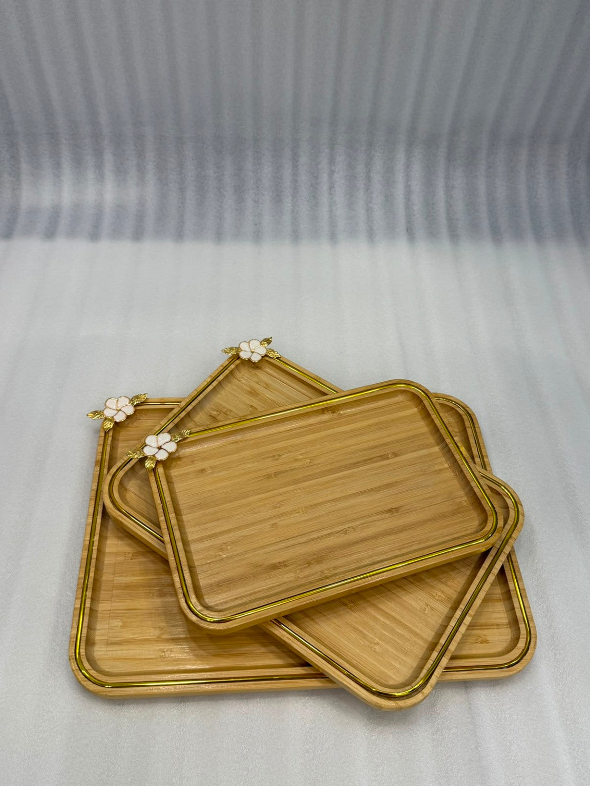 Bamboo Floral Corner Tray Set – 3 Pieces