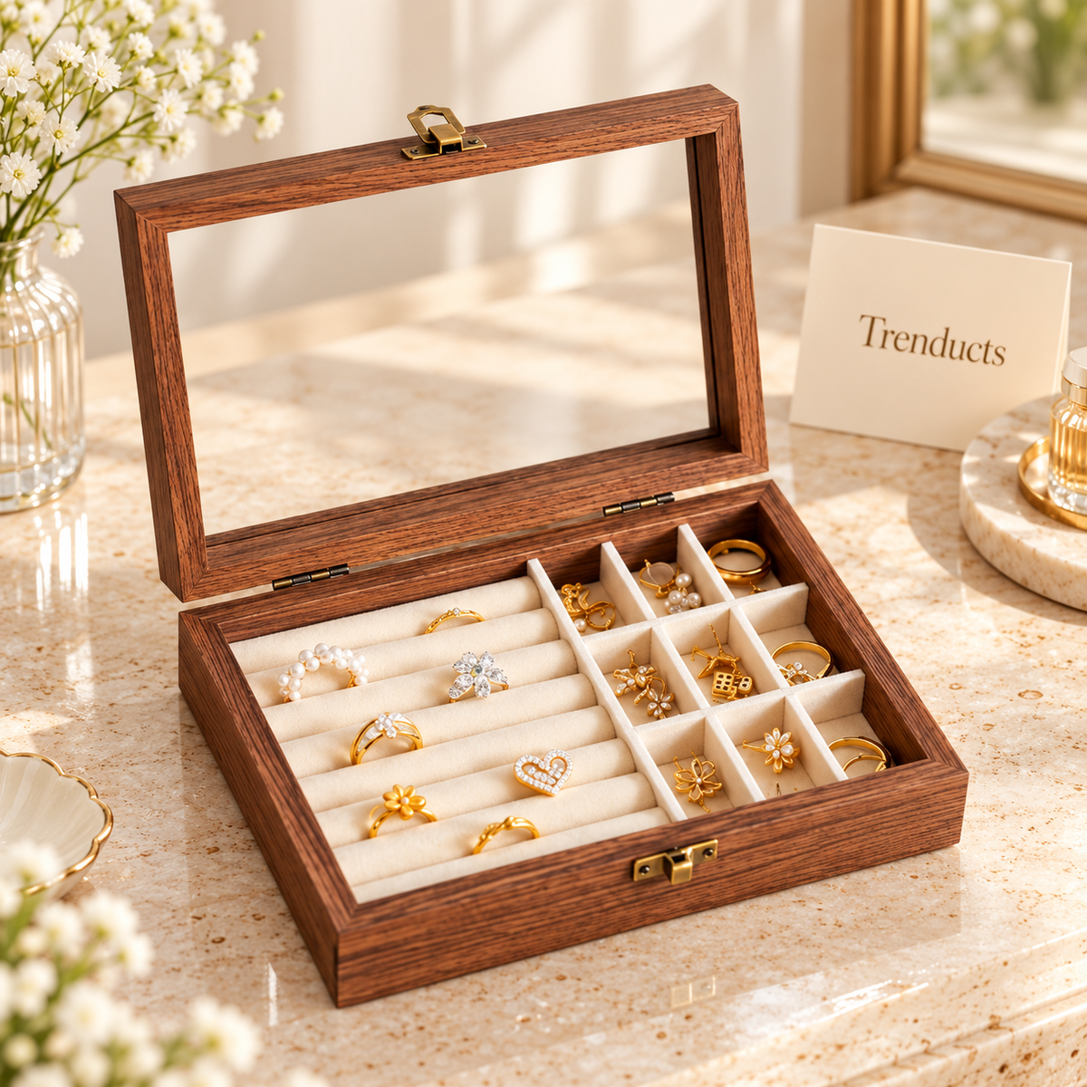 Wooden Jewelry Box with Compartment Tray