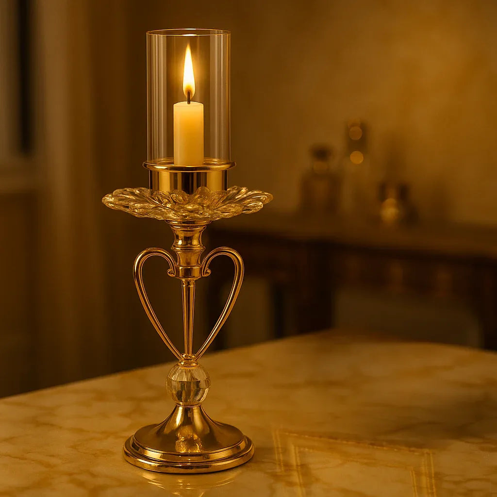 Elegant Gold Crystal Candle Holder with Glass - Clarify.pk