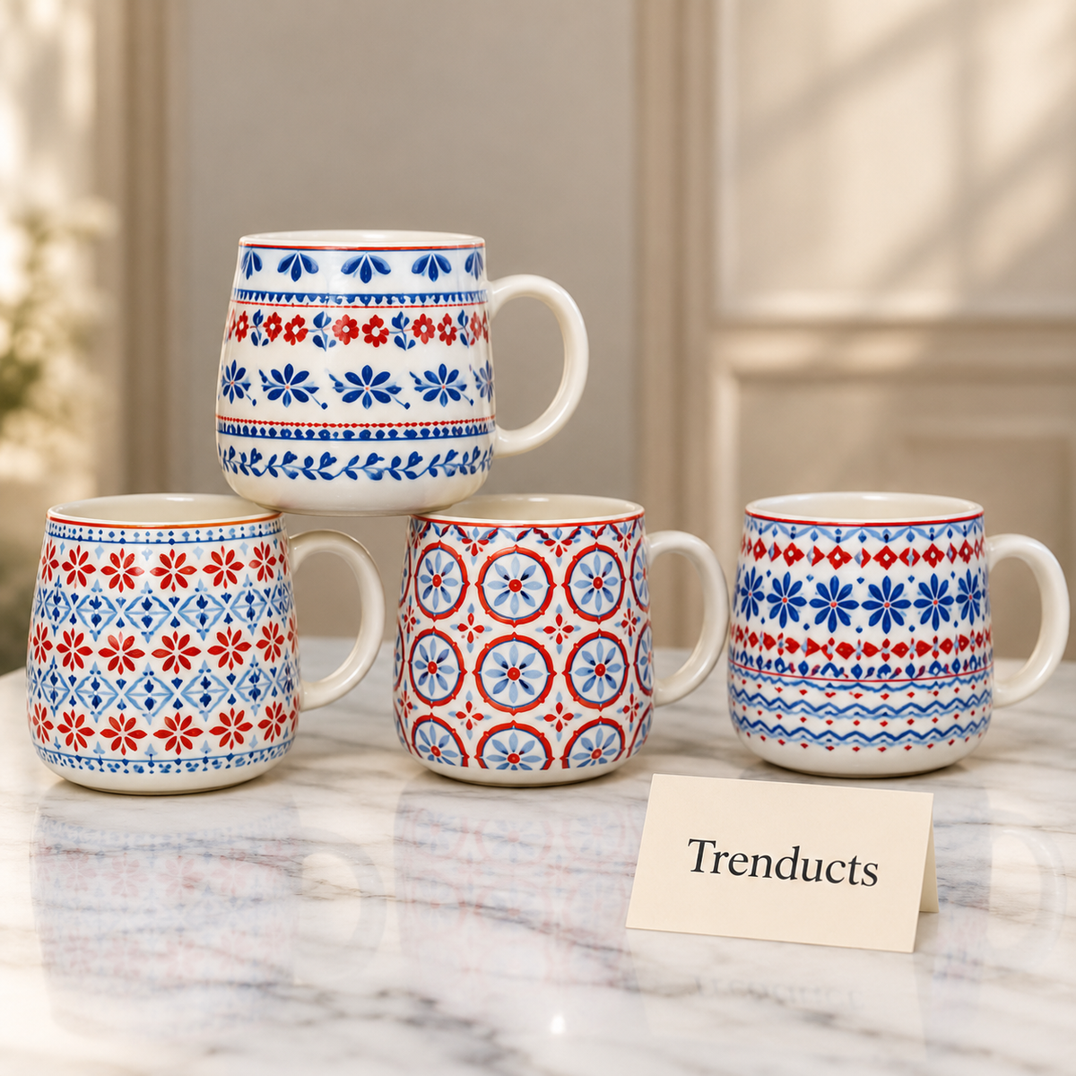Folk Pattern Mug 420 ml - Red & Blue Tile Print (Random)