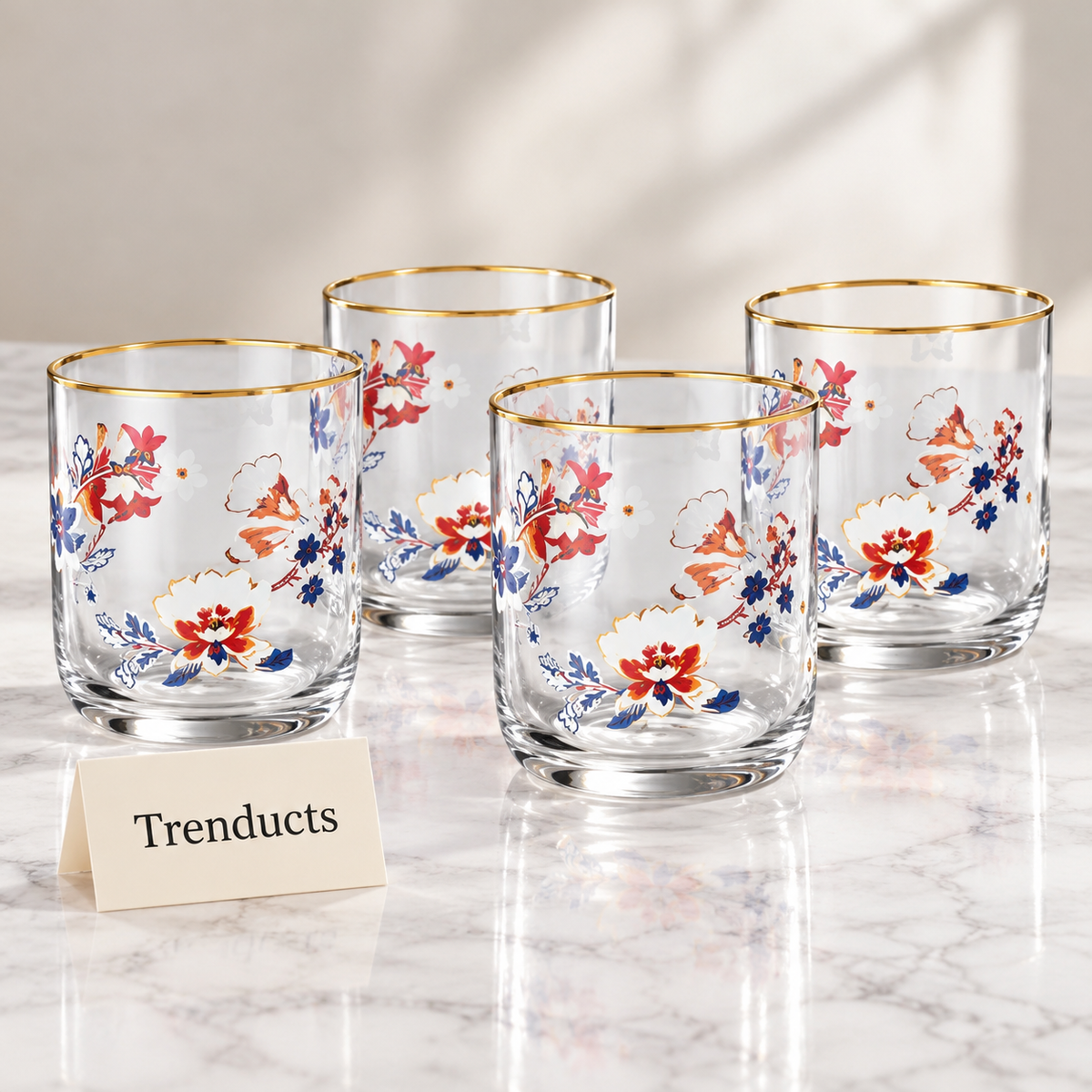 Danny Home Floral Glass Set - 4 Pcs 340ml Gold Rim