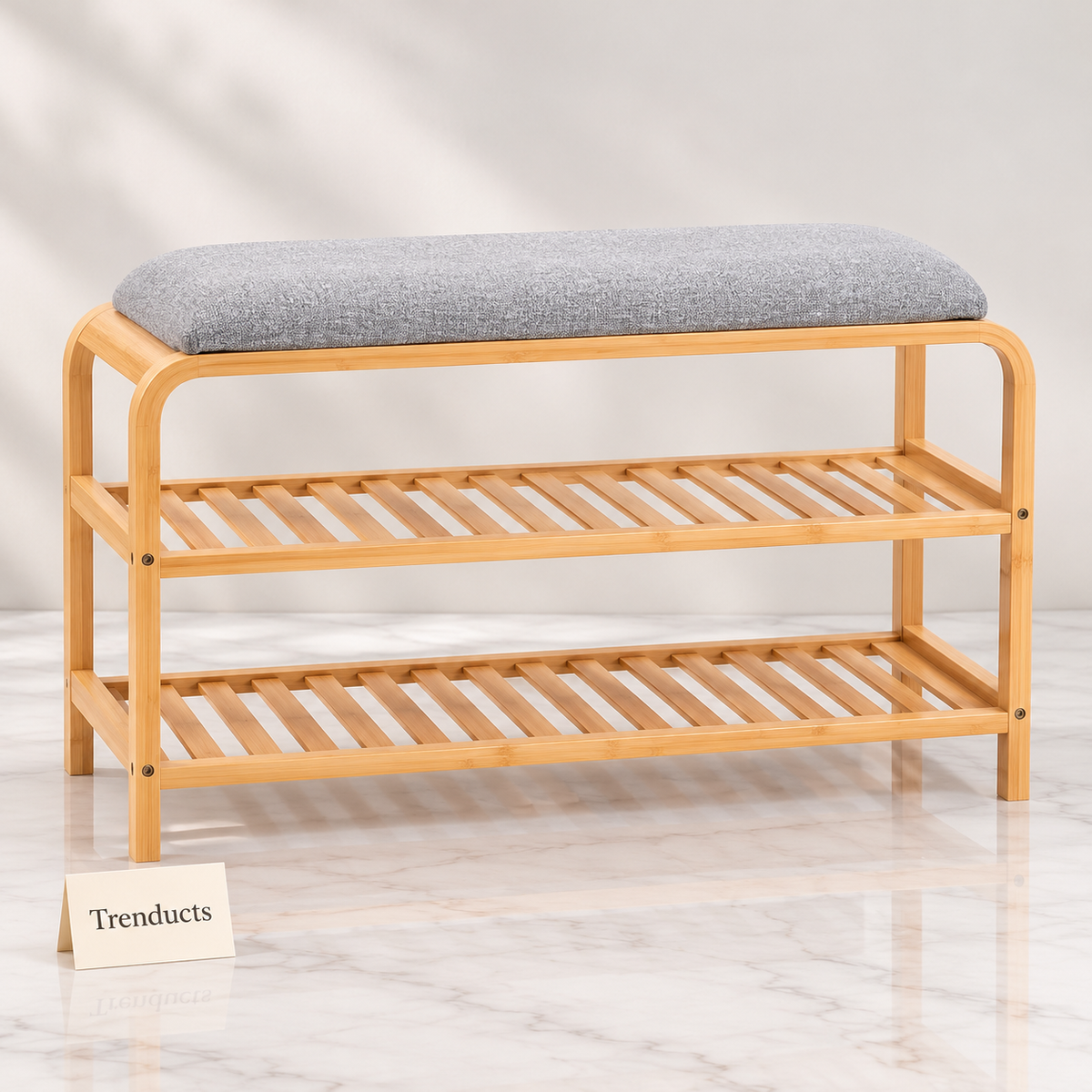 Bamboo Shoe Bench - 2 Shelves with Grey Cushion