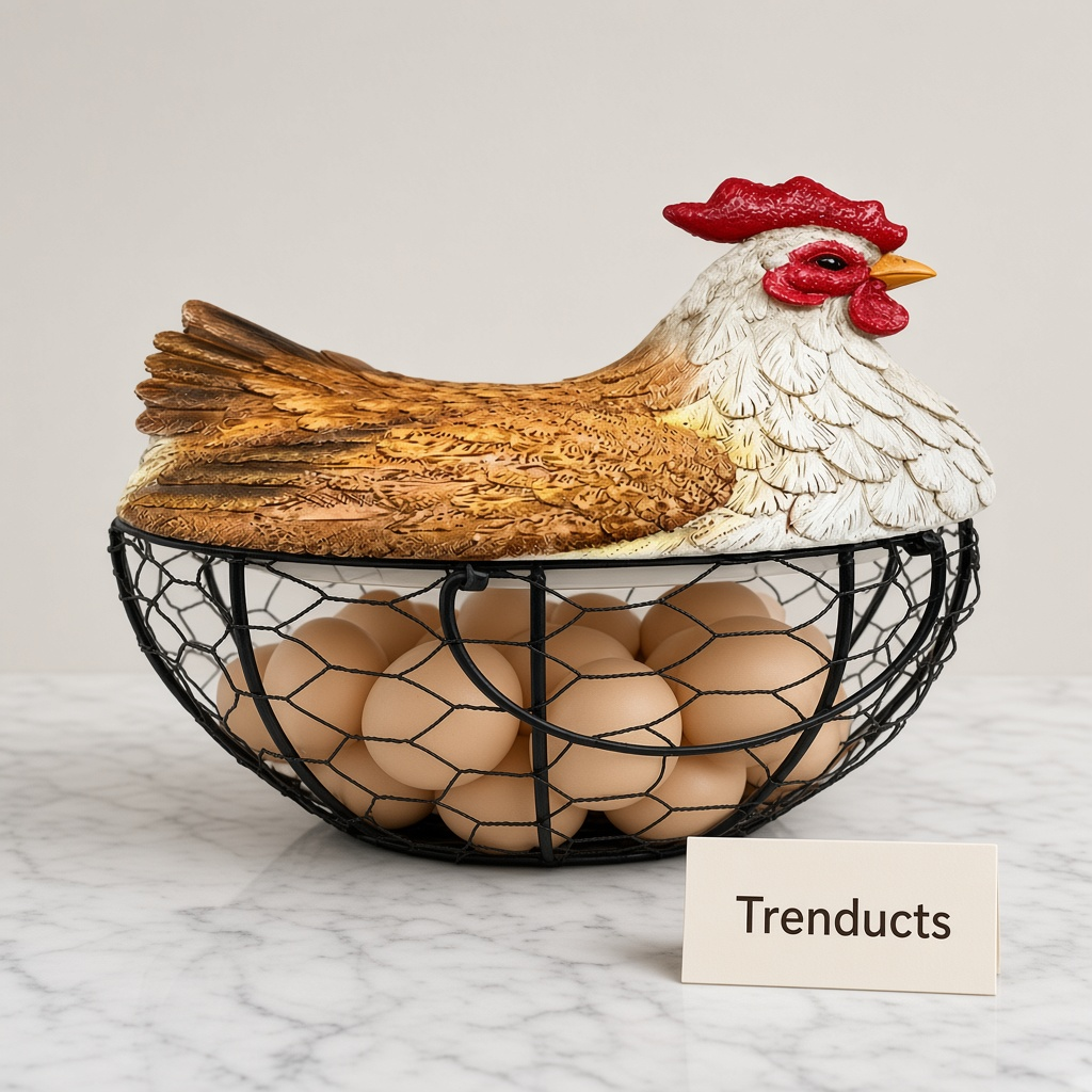Premium Metal Egg Basket with Fiber Hen Lid - White & Brown