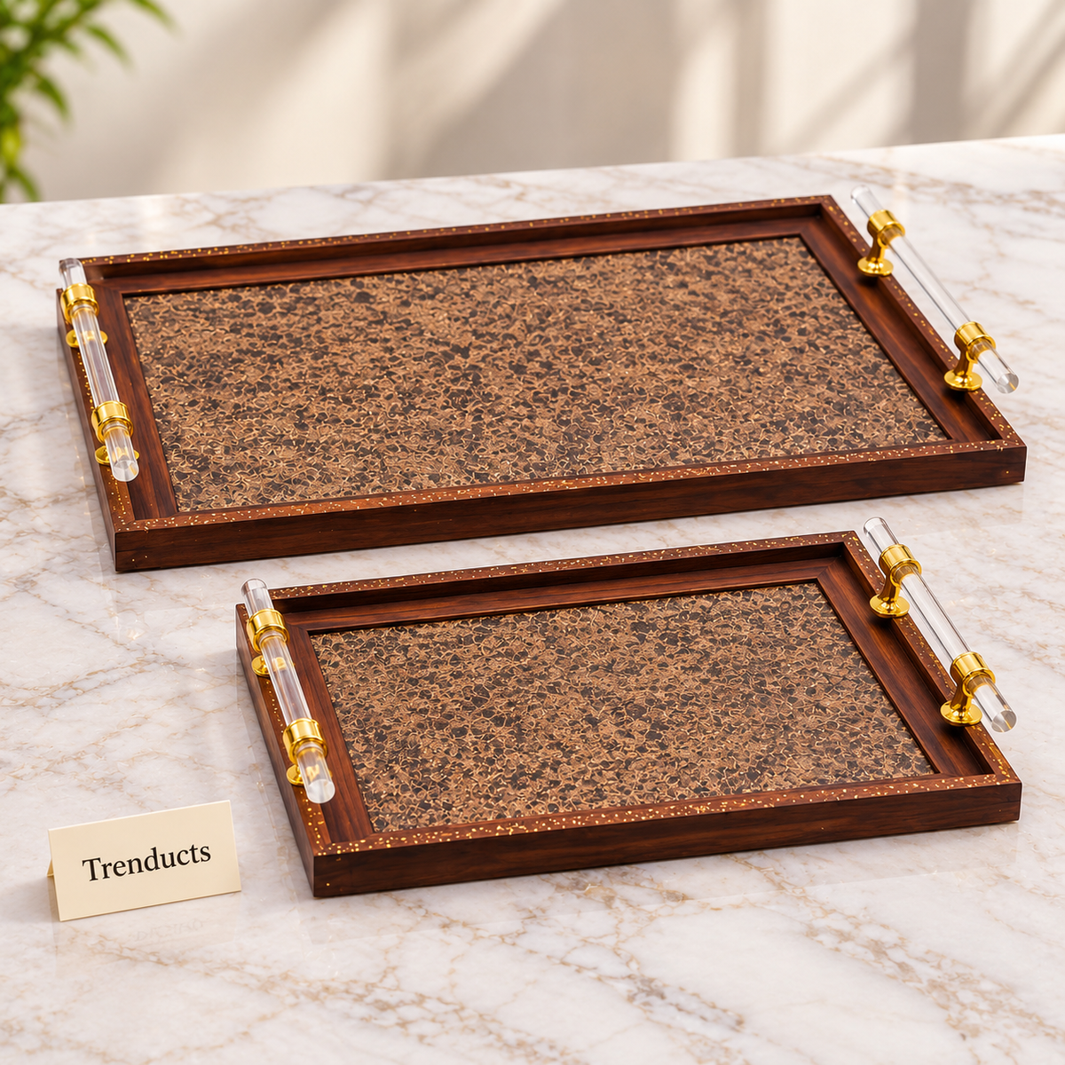 Elegant Wooden Serving Tray Set of 2 - Walnut Brown