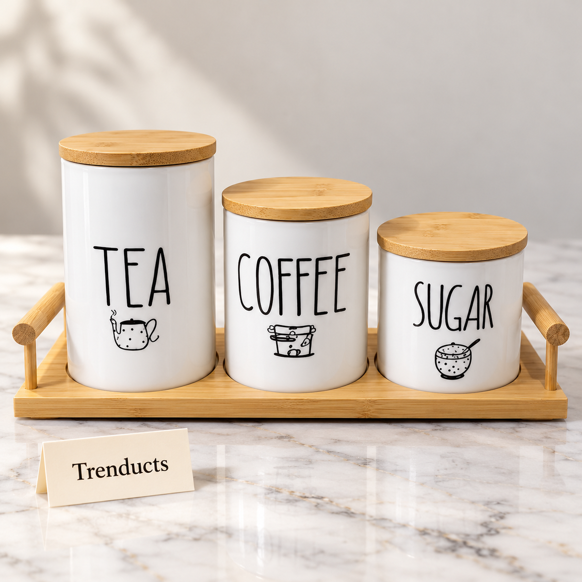 Ceramic Canister Trio - Tea Coffee Sugar Jars set with Bamboo Tray