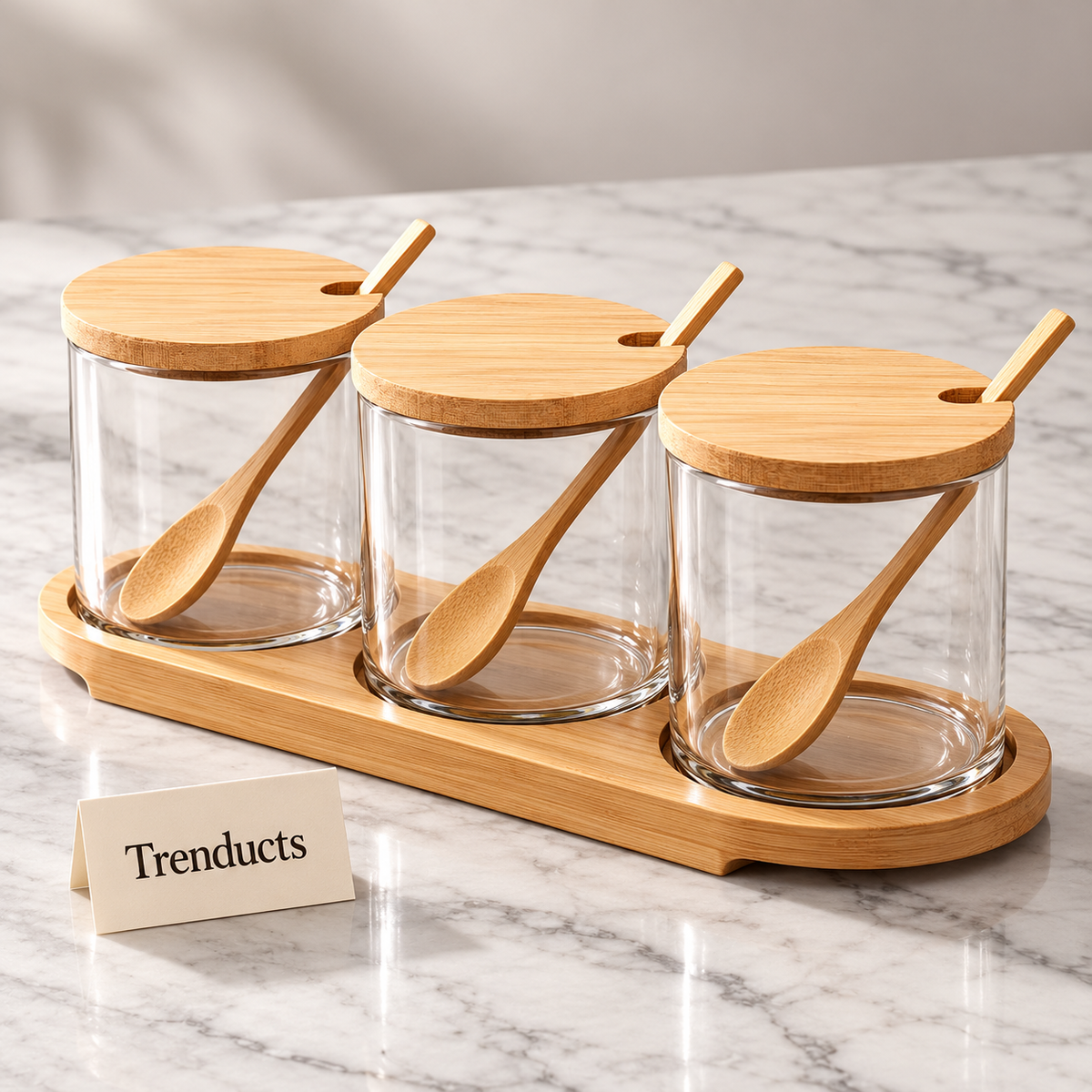 Condiment Set - 3 Glass Jars with Bamboo Tray & Spoons